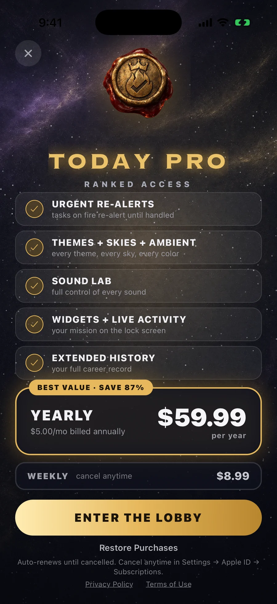 Today Pro — the Lobby: yearly and weekly plans, Enter the Lobby