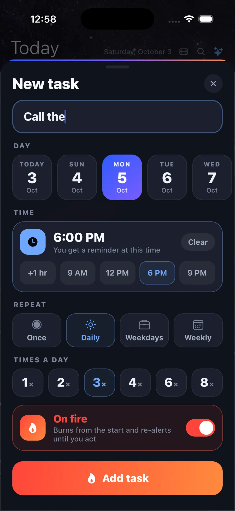 Today — the add-task sheet with big day cards and time presets