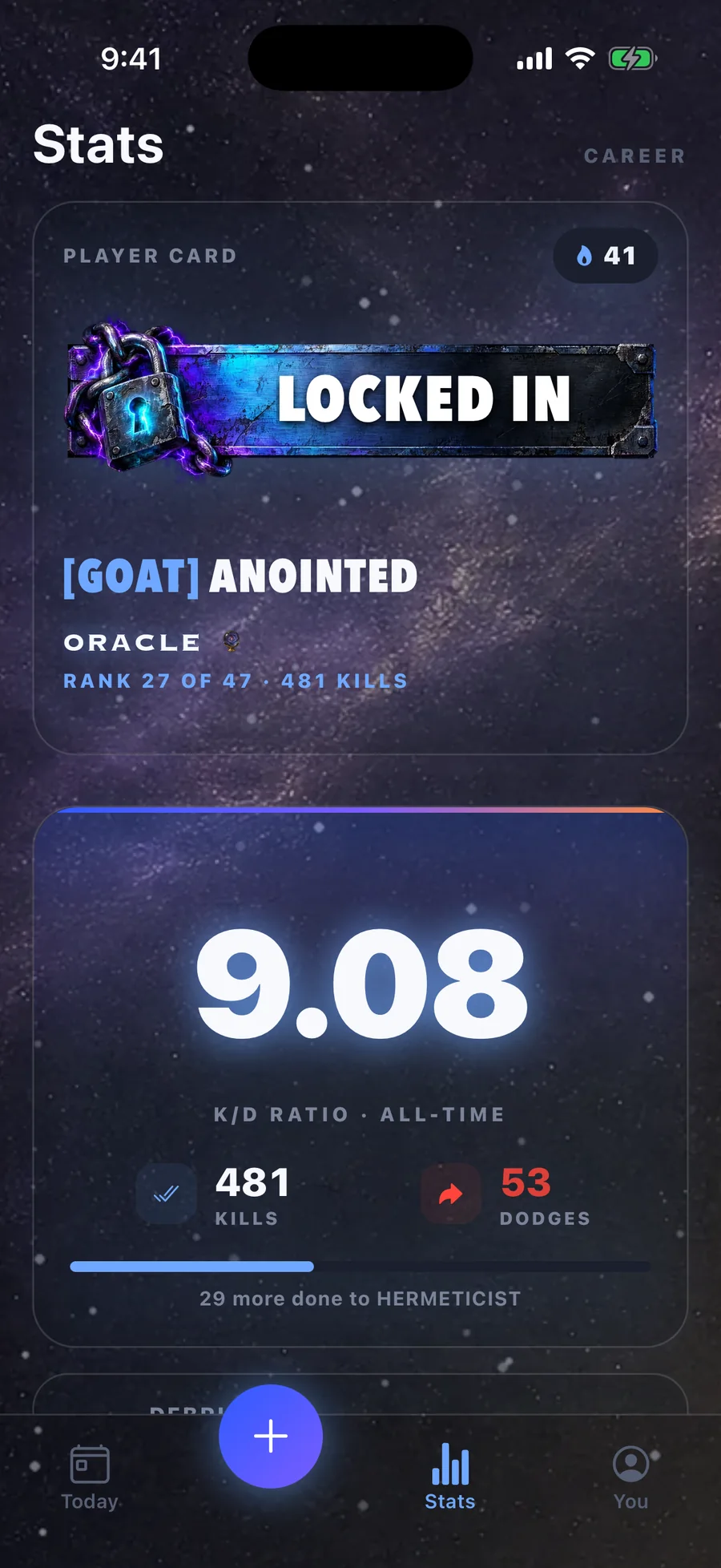 Today Stats tab — career rank, K/D ratio, kills and dodges