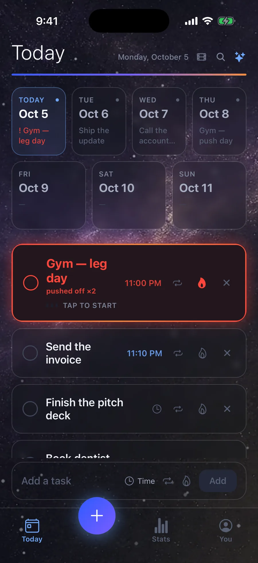 Today app — a task on fire at the top of the list, on the galaxy sky